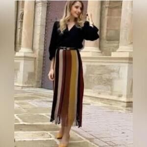 Zara Striped Boho Multi-color Eathy Tones Knit Midi Skirt with Fringe Detail - S